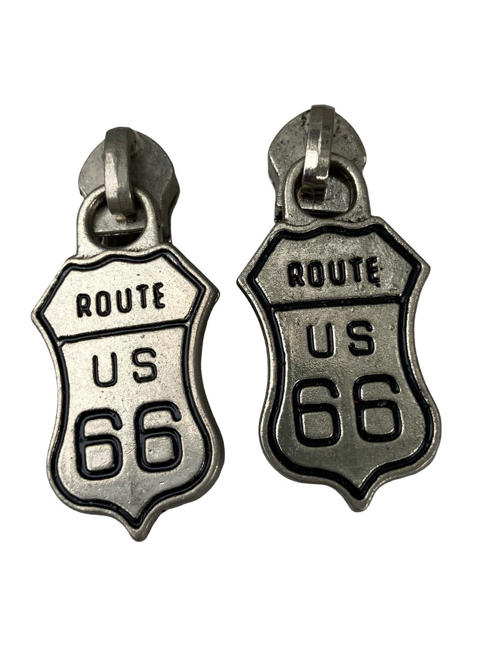 Route 66 Road Sign Zipper Pulls Metal Pair Jacket Coat Bag Purse Craft Reclaimed